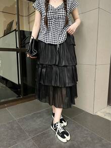 Women's Solid Color Pleated Casual Daily Skirt Black - Black - View 2