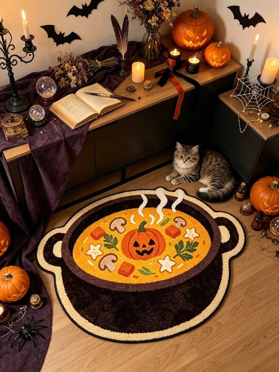 1 pieza Alfombra con forma de olla de sopa negra y calabaza, estilo Halloween, Halloween, felpudo exterior, alfombra de cocina, decoración del hogar, alfombra de área, alfombra de jardín, alfombra lavable - Negro - Ver 1