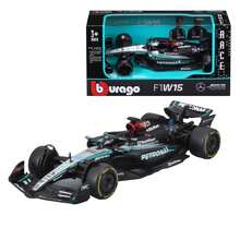 Burago Escala 1:43 2024 Mercedes-AMG Petronas F1 W15 Modelo de Coche de Carreras de Equipo, Piloto #63 George Russell, Caja con Ventana, 12.5cm, Negro & Plata (18-38208R) - F1 W15 #63 - Ver 2