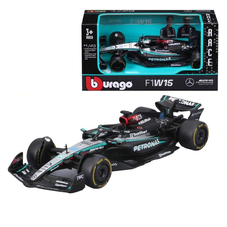 Burago Escala 1:43 2024 Mercedes-AMG Petronas F1 W15 Modelo de Coche de Carreras de Equipo, Piloto #63 George Russell, Caja con Ventana, 12.5cm, Negro & Plata (18-38208R)