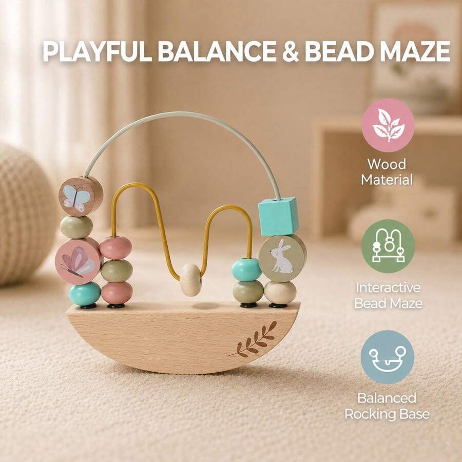 1pc Wooden Bead Maze Toy, Garden Butterfly Rabbit Design Balance Bead Game, Toddler Sensory Education Toy, Children Learning Gift