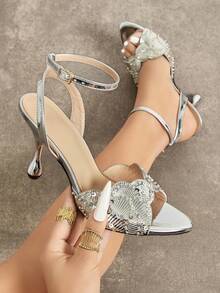 Jin Bei Qi Women's Silver Fan-Shaped Sequin Embellished Stiletto High Heel Sandals, Elegant Sexy Fashion Luxury Wedding Shoes With Buckle Open Toe Design, Suitable For Summer Beach Party Gathering Celebrity Vacation Commute Evening Dress Shoes, Silver High Heels - Silver - View 2