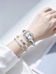 3件套女士手表套装，优雅简约时尚手表，适合日常佩戴和装饰 - 銀色 - 查看 3