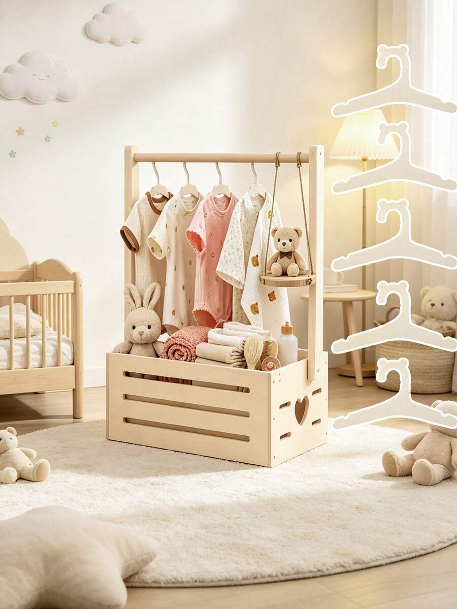 1 pièce Panier de rangement en bois pour chambre de bébé / 5 pièces Cintres en bois en forme d'ours et organisateur creux en forme de cœur Convient pour les vêtements de bébé & la décoration de chambre Décoration de chambre de fille Articles essentiels pour bébé - Multicolore - Voir 1