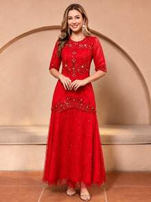 JINLICX Luxury Red Beaded Embroidery Evening Gown - Red - View 2