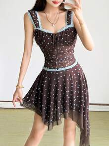 Top Dazzle Women's Bohemian Brown Polka Dot Skirt, Semi-Sheer Back Square Neck T-Shirt Dress, Fashionable Style - Coffee - View 1