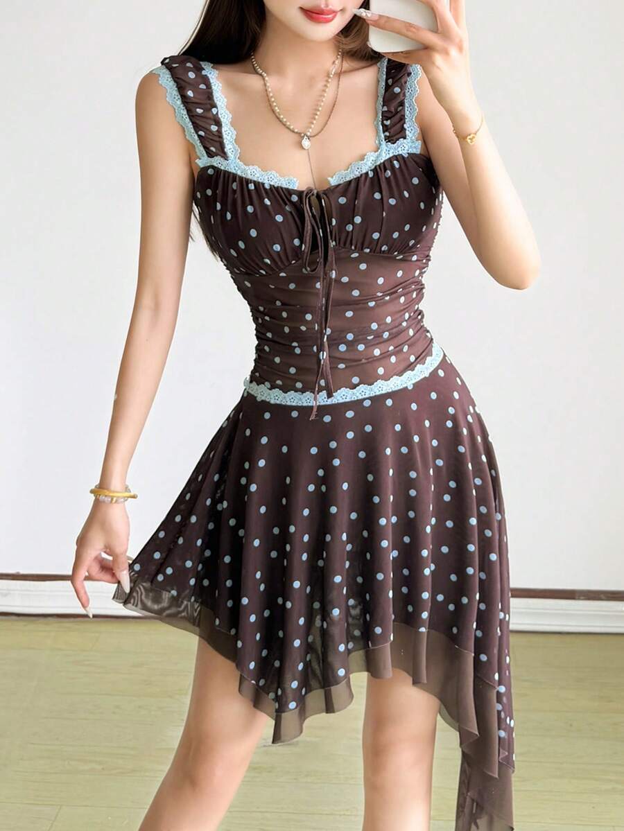 Top Dazzle Women's Bohemian Brown Polka Dot Skirt, Semi-Sheer Back Square Neck T-Shirt Dress, Fashionable Style - Coffee - View 1