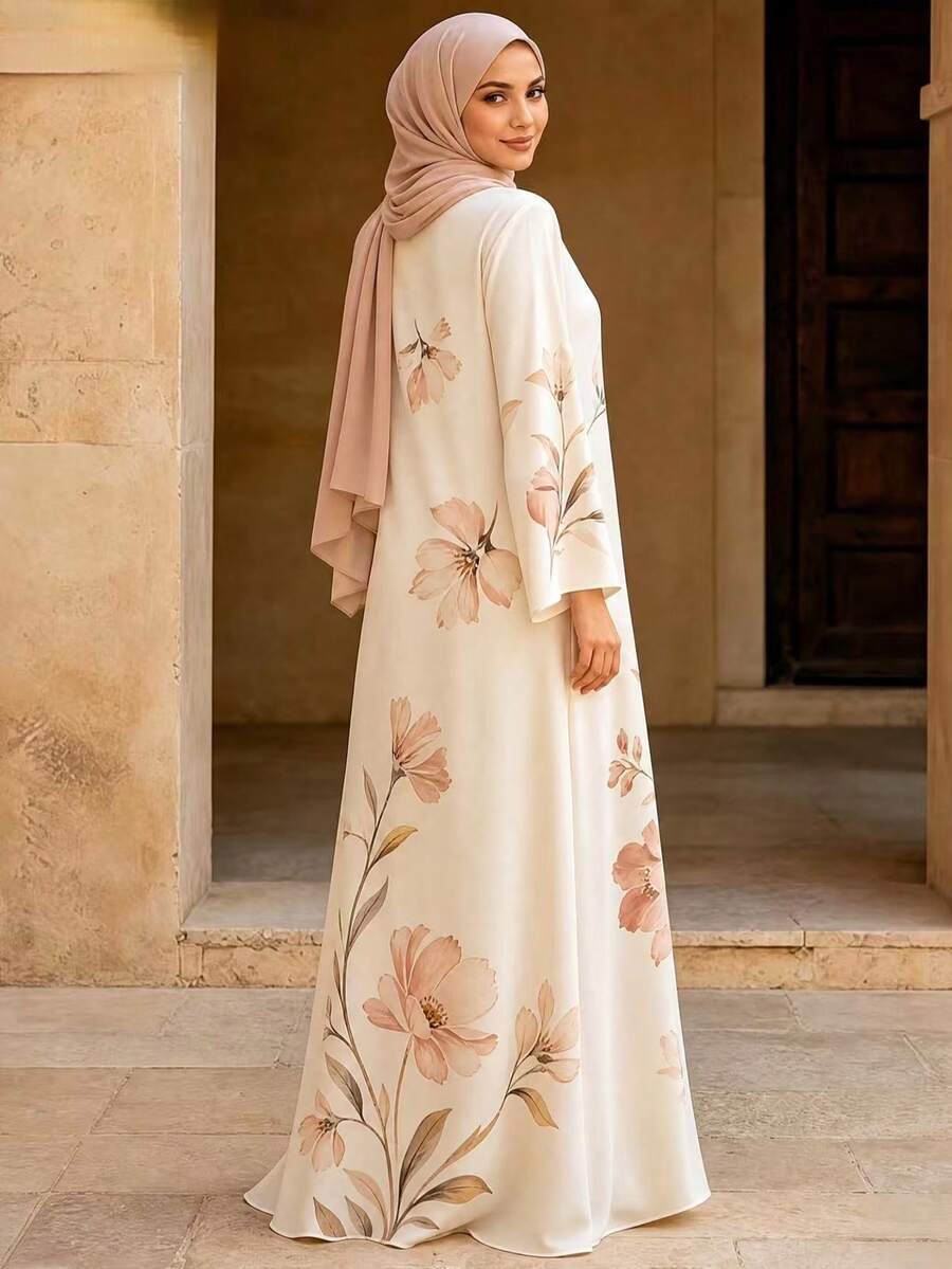 Elegant Women's Long Printed Abaya Dress, Round Neck, Regular Sleeves, Autumn Non-Stretch Knit Fabric - Multicolor - View 1