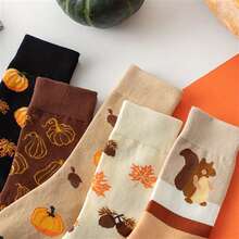 5 Pairs Brown Halloween Pumpkin Squirrel College Anime Style Mid-Calf Socks, Fashionable Cute Comfortable Best Girls Socks - Multicolor - View 9