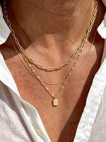 3pcs Minimalist Geometric Pendant Necklace Paperclip Chain Necklace Suitable For Men's Daily Wear Casual Style Accessory - Yellow Gold - View 1