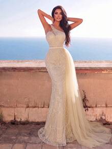 Faeriesty Haute Glamour Luxury One-Shoulder Sheer Layered Beaded Formal Evening Gown - Champagne - View 6