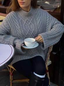 MORI Fall Winter Women Sweaters Y2K Preppy Grey Cable Knit Tops Mock Neck Loose Oversized Pullover Side Slit Office Streetwear Outfits - Grey - View 1