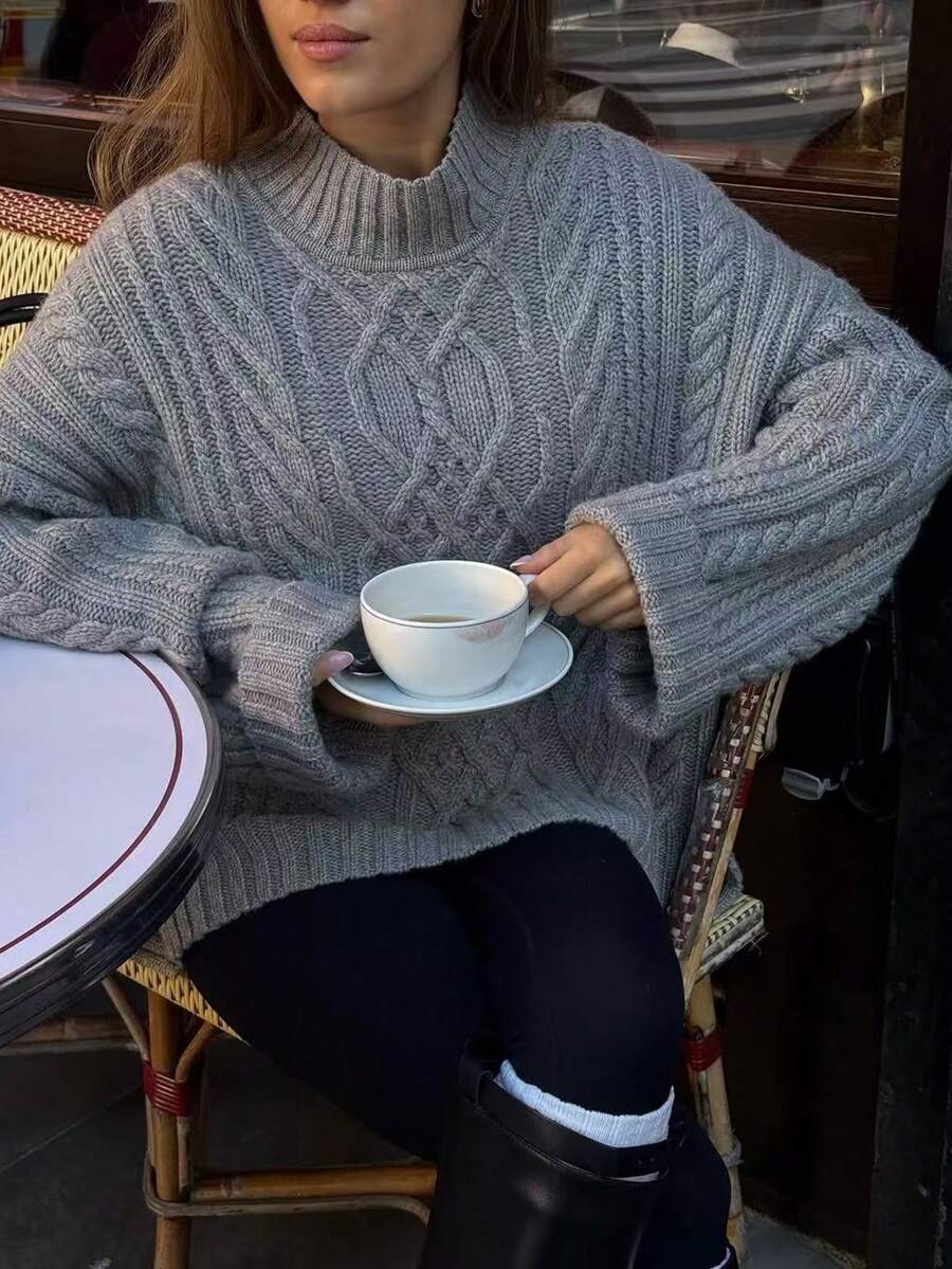 MORI Fall Winter Women Sweaters Y2K Preppy Grey Cable Knit Tops Mock Neck Loose Oversized Pullover Side Slit Office Streetwear Outfits - Grey - View 1