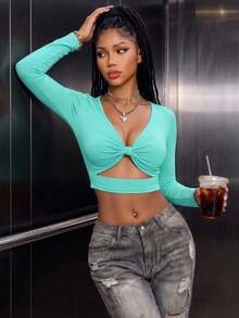 Women's Casual Deep V-Neck Twist Bust Slim Fit Micro Cropped T-Shirt For Daily Fall & Winter, Going Out Top - Turquoise - View 5