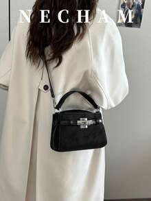 1pc Litchi Texture Asymmetric Shoulder Bag Small Crossbody Bag Vintage Minimalist Handheld Kelly Square Bag For Women Suitable For Shopping, Work, Dating - Black - View 2
