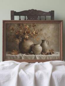 1pc Canvas Wall Art, Framed Wall Decor, Vintage Country Style Autumn Still Life Canvas Painting, Autumn Maple Leaves Ceramic Vase Acorns Pastoral Oil Painting Decor, Warm Earth Tone Comfortable Neutral Aesthetic Wall Decoration - Retro Art - View 2