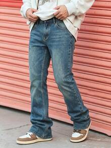Vintage Blue-Green Distressed Micro-Flare Stretch Denim Jeans For Men, Retro Cat-Whiskers Faded Wash Leg-Flattering Niche Style Long Pants, Versatile For Daily Commute And Streetwear - Navy Blue - View 4