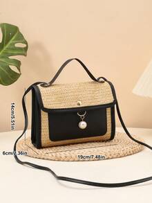 Summer Casual Straw Woven Pearl Pendant Small Square Handbag Crossbody Bag - Black - View 2