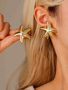 2-12 piezas/Set, Conjunto de pendientes de moda minimalista personalizados con estrella de mar & concha, adecuado para vacaciones en la playa, viajes, uso diario casual, uso en fiestas - Dorado - Ver 5