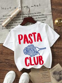 1件男嬰食物主題T恤，「Pasta Club」印花，短袖，柔軟舒適面料，街頭風T恤 - 白色 - 查看 3
