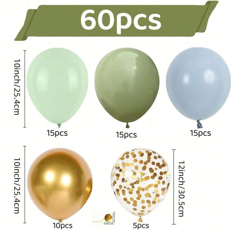 60顆灰色綠色藍色金色氣球，包含12英吋金色亮片鋁箔氣球，適用於婚禮、生日派對、新娘送禮會、嬰兒洗禮會、花園茶會及其他場合 - 查看 11