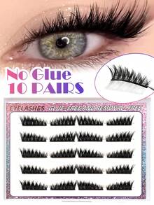 Asiteo 10 Pairs Glue-Free Self-Adhesive Half-Length False Eyelashes, Cat Eye Style Natural Pre-Glued Eyelashes, Fine Fluffy Mink-Like Waterproof Natural Strip Lashes - Black - View 3