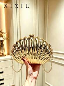 Mini Shell Shaped Laser Metal Clutch Bag,Y2K Retro Metal Frame Chain Shoulder Crossbody Bag,For Women's Formal Evenings, Outings,Dates,Shopping,Etc. - Gold - View 1