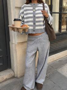FOR BEAUTY Women's Y2K Elegant Cute Grey & White Striped Button-Up Short Knit Cardigan With Wide-Leg Pants Set, Basic Casual Vacation Style, Autumn/Winter - Gray and White - View 6
