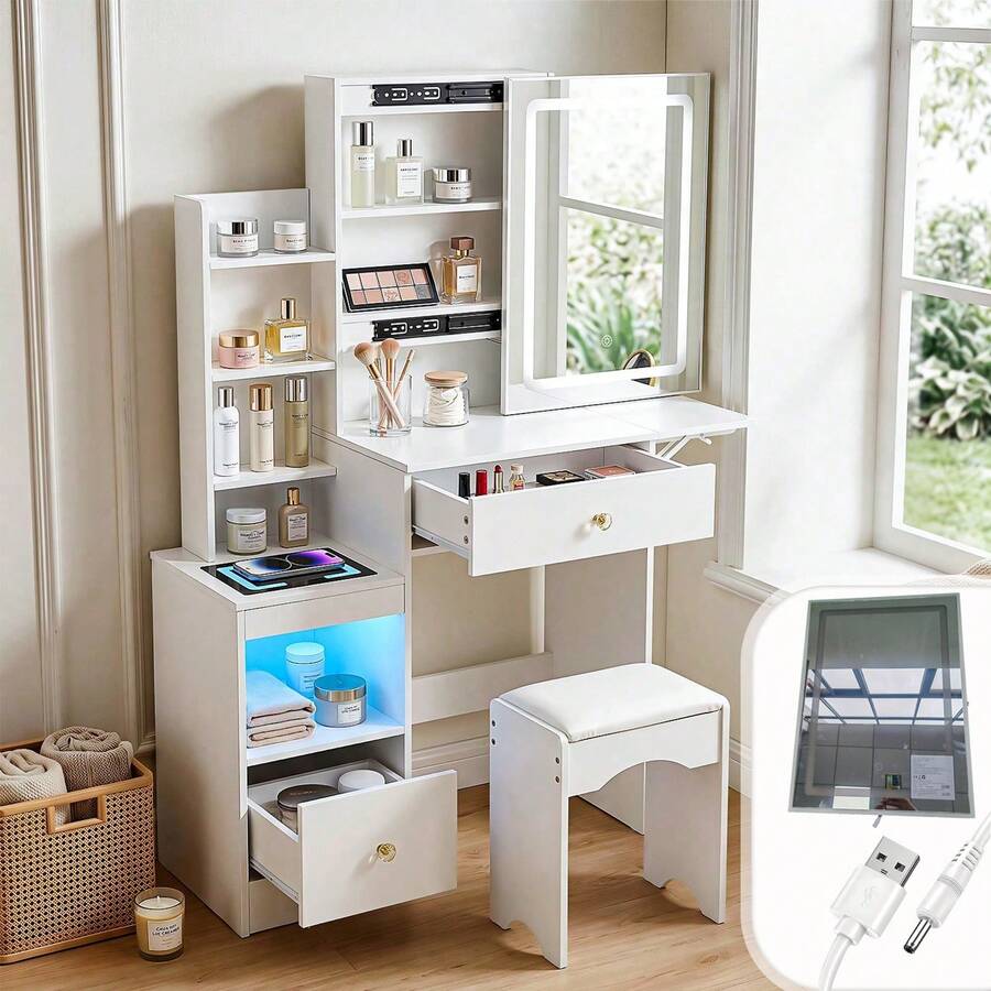 Dressing Table Set With Mirror And Stool, Adjustable LED Light Vanity Table, 3 Drawers Makeup Desk With Sliding Mirror - White #2 - View 1