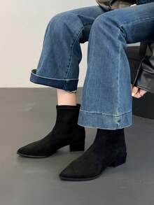 Versatile Comfortable Pointed Toe Chunky Heel Ankle Boots, Plus Size Women's Vintage Fashion Boots - Black Suede - View 5