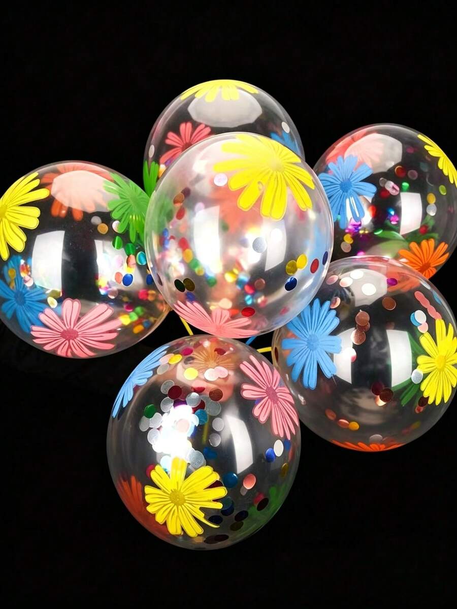 100/50pcs 12-Inch Colorful Floral Print Transparent Sequin Latex Balloons With Balloon Stick Holder, Spring/Summer Tropical Party Decor, Birthday Wedding Bridal Shower Graduation Picnic Party Supplies - Multicolor - View 1