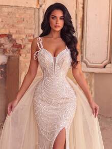 Elegant Women's Sleeveless Spaghetti Strap Maxi Mermaid Sequin Dress With Beaded And Pearl Detailing, Perfect For Formal Events And Prom - Champagne - View 5