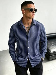 WAIT HIM Men's Casual Striped Long Sleeve Shirt, Polyester Blend - Navy Blue - View 5