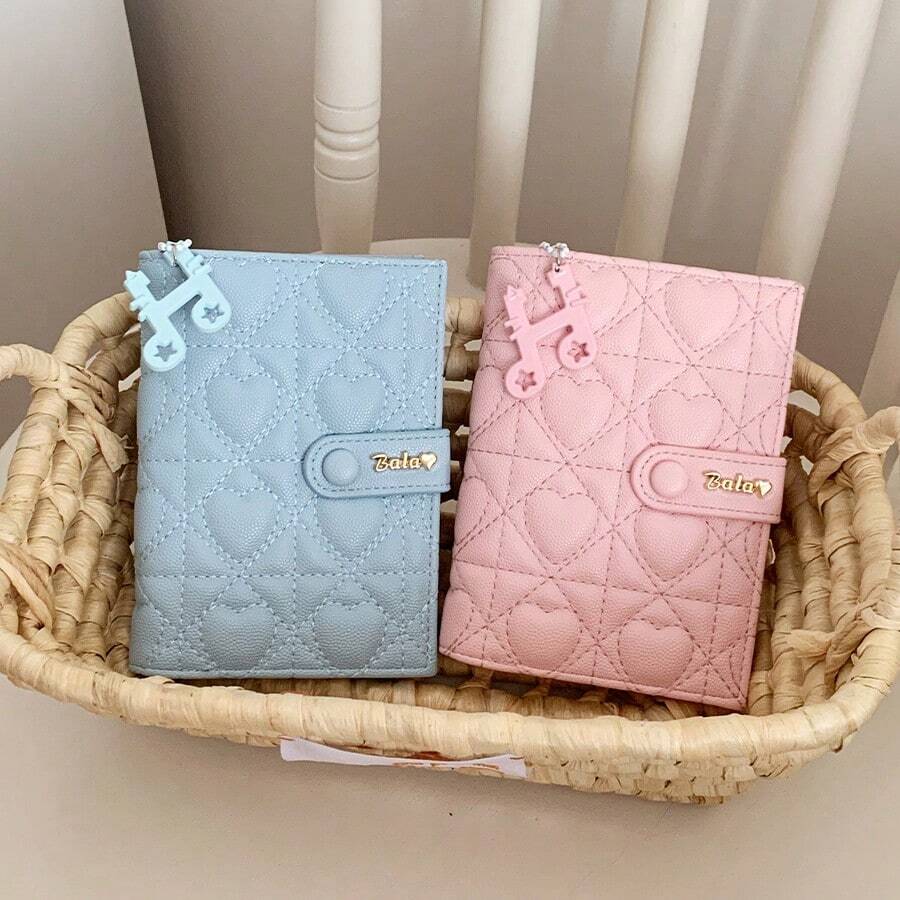 Quilted Heart-Shaped Passport Wallet With Musical Note Charm, Multi-Card Slots Travel Bag For Women