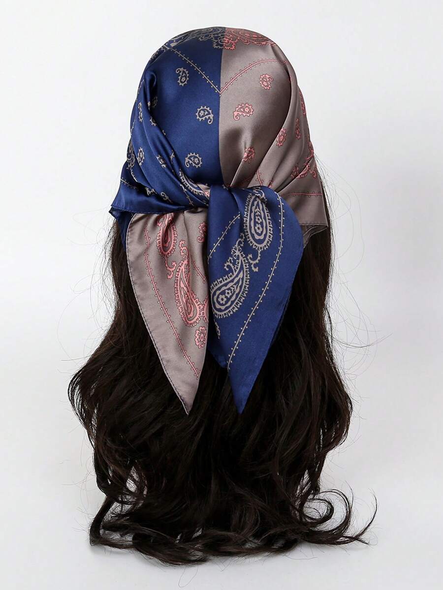 1pc Bohemian Paisley Pattern Silk Square Scarf, Size 27.5" X 27.5", Fashion Design, Suitable For Daily Wear - S15308 - Navy Blue - View 1