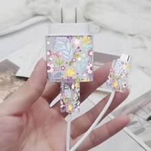 3件組鮮豔花卉卡通圖案充電器保護套，相容 Galaxy，透明 TPU，含線材與接頭保護套，理想禮物 - 彩色 - 查看 5