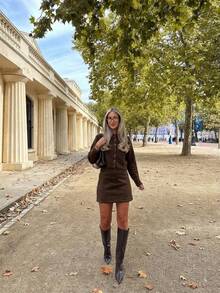 Vivid Style Brown Fuzzy Knit Cardigan Women Crewneck Button Up Crop Loose Sweater Drop Shoulder Long Sleeve Cozy Ribbed Knitted Jumper Coat - Coffee Brown - View 6