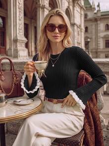 NiceArt Suéter de punto de lana acanalado con cuello redondo, manga larga acampanada y ajustado para mujer, otoño/invierno - Negro - Ver 6
