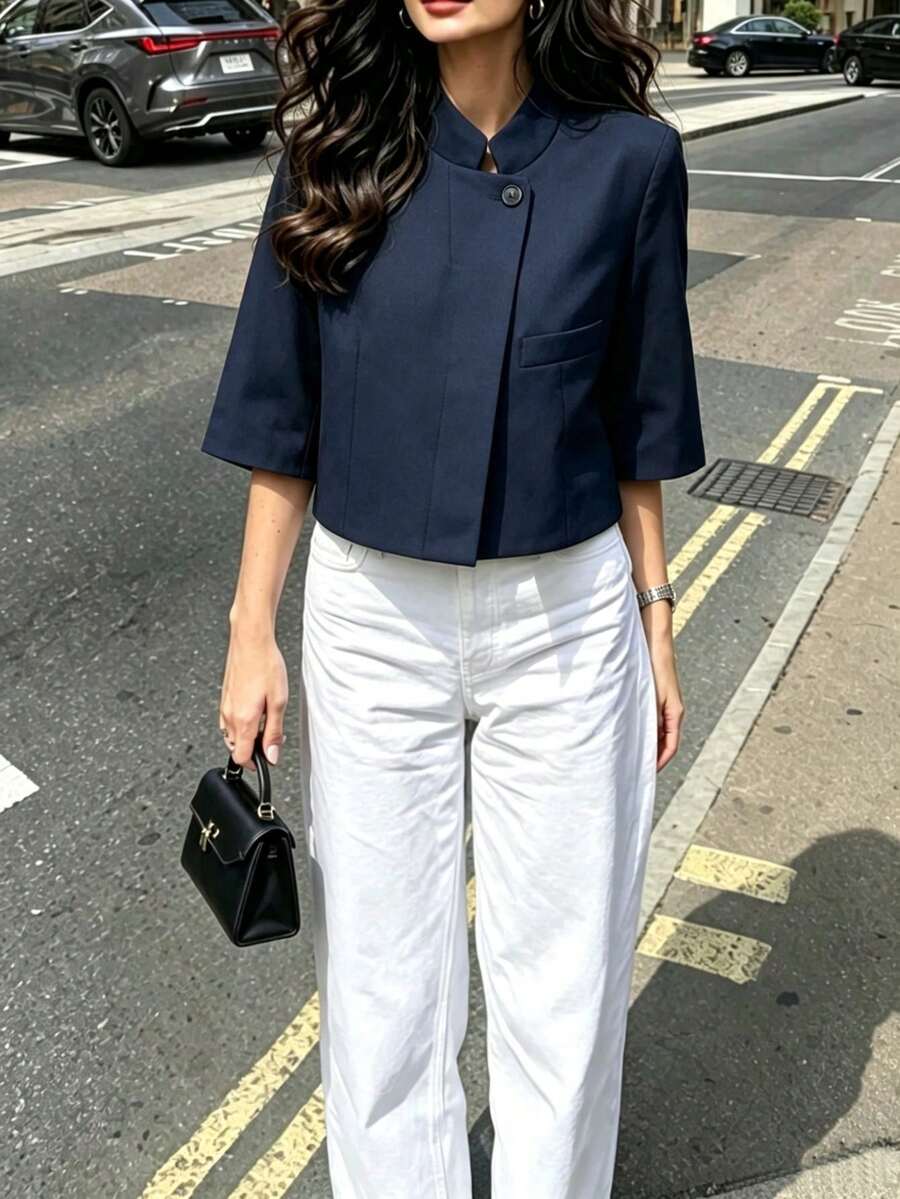 DEEKA 春夏新款女式歐美風時尚極簡百搭短袖短版西裝外套 - 藏青色 - 查看 1
