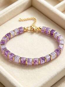 Bohemian Style Amethyst Square Bead Wealth Bracelet, Handmade Natural Gemstone Skin-Friendly Jewelry, Suitable For Different Wrist Sizes, Best Choice For Mother's Day Gift - Purple - View 2