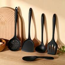 1PC/5PCS Silicone Cooking Tools, One-Piece Silicone Kitchen Utensils, Non-Stick Silicone Kitchen Cooking Tool Set, Heat Resistant, Includes Spatula, Soup Spoon, Slotted Spoon, Rice Paddle, Strainer, Portable Hanging Hook Kitchen Tool Set - Multicolor - View 6