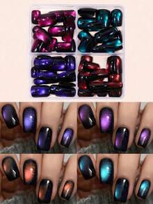 96pcs/Box Short Square Glossy Cat Eye Press-On Nails, Deep Red/Purple/Green/Blue Cat Eye Mixed Color Full Coverage Square Cat Eye Nail Stickers - Multicolor - View 7