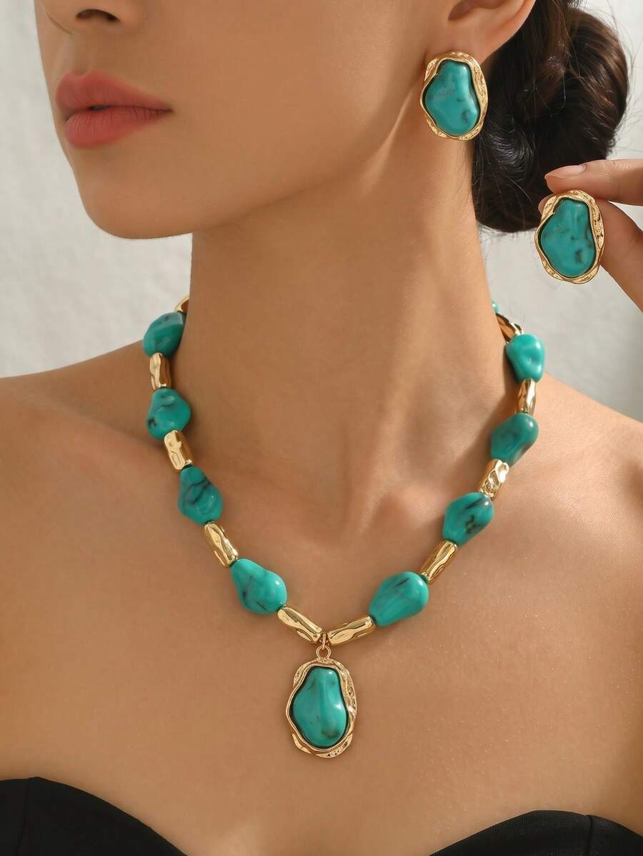 Bộ trang sức nữ 2 món/set gồm dây chuyền và bông tai phong cách kim loại sáng tạo cá tính, mặt dây chuyền giả ngọc lam phong cách vintage Bohemian, dây chuyền xương quai xanh đính hạt CCB bất đối xứng, dùng hàng ngày, quà tặng lễ hội, tiệc tùng, du lịch, phụ kiện quà tặng cao cấp sang trọng - Nhiều màu - Xem 1