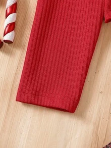 2pcs/Set Girls Red Pearl Bubble Long Sleeve Short Knit Top & Vintage Red Plaid Vest Dress Set, Waist Red Ribbon Design, Autumn/Winter Style, Suitable For Spring Festival, Christmas Party, Birthday Party, Holiday Performance And Other Occasions - Red - View 5