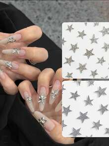 1pc Silver Reflective Glitter Star Nail Art Sticker, Shiny Star Pattern Decorative Nail Decal, Y2K Style Nail Sticker, Suitable For DIY Nail Decoration - Silver - View 3