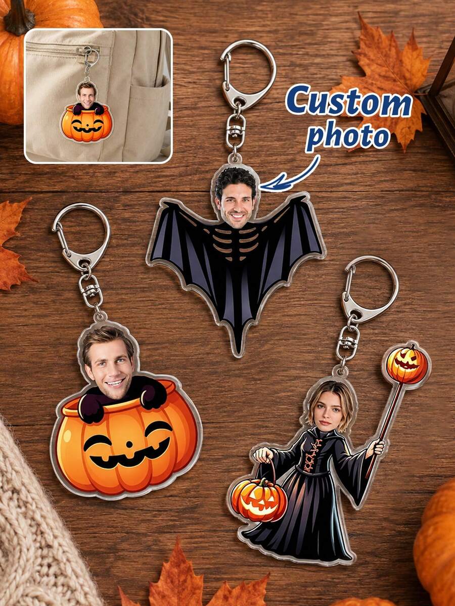 Custom Halloween Photo Keychain, Spooky Bag Charm, Personalized Face Key Chain, Customized Holiday Gift, Customizable Picture Keychain Accessory - Style a - View 1