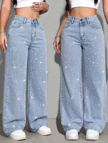 Women's Star Rhinestone Decor Loose Casual Straight Leg Jeans, Summer Vacation Street Party Fashion Jeans Fall - Light Wash - View 1