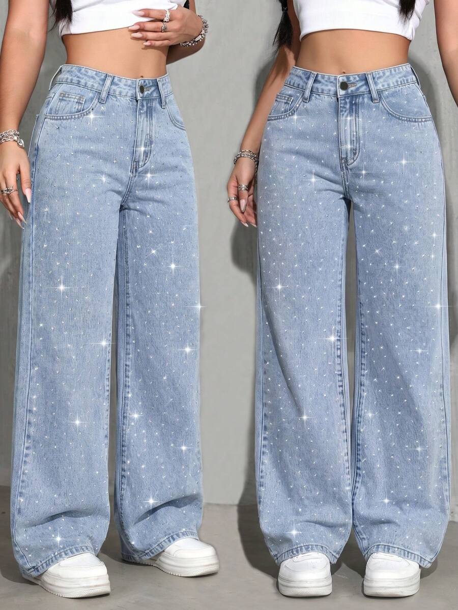 Women's Star Rhinestone Decor Loose Casual Straight Leg Jeans, Summer Vacation Street Party Fashion Jeans Fall - Light Wash - View 1