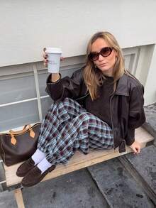 VIBEWAVE Women's Spring/Autumn Casual Retro Plaid Wide Leg Pants With Elastic Waist, Loose Drapey Floor-Length Trousers For Daily Wear - Multicolor - View 6