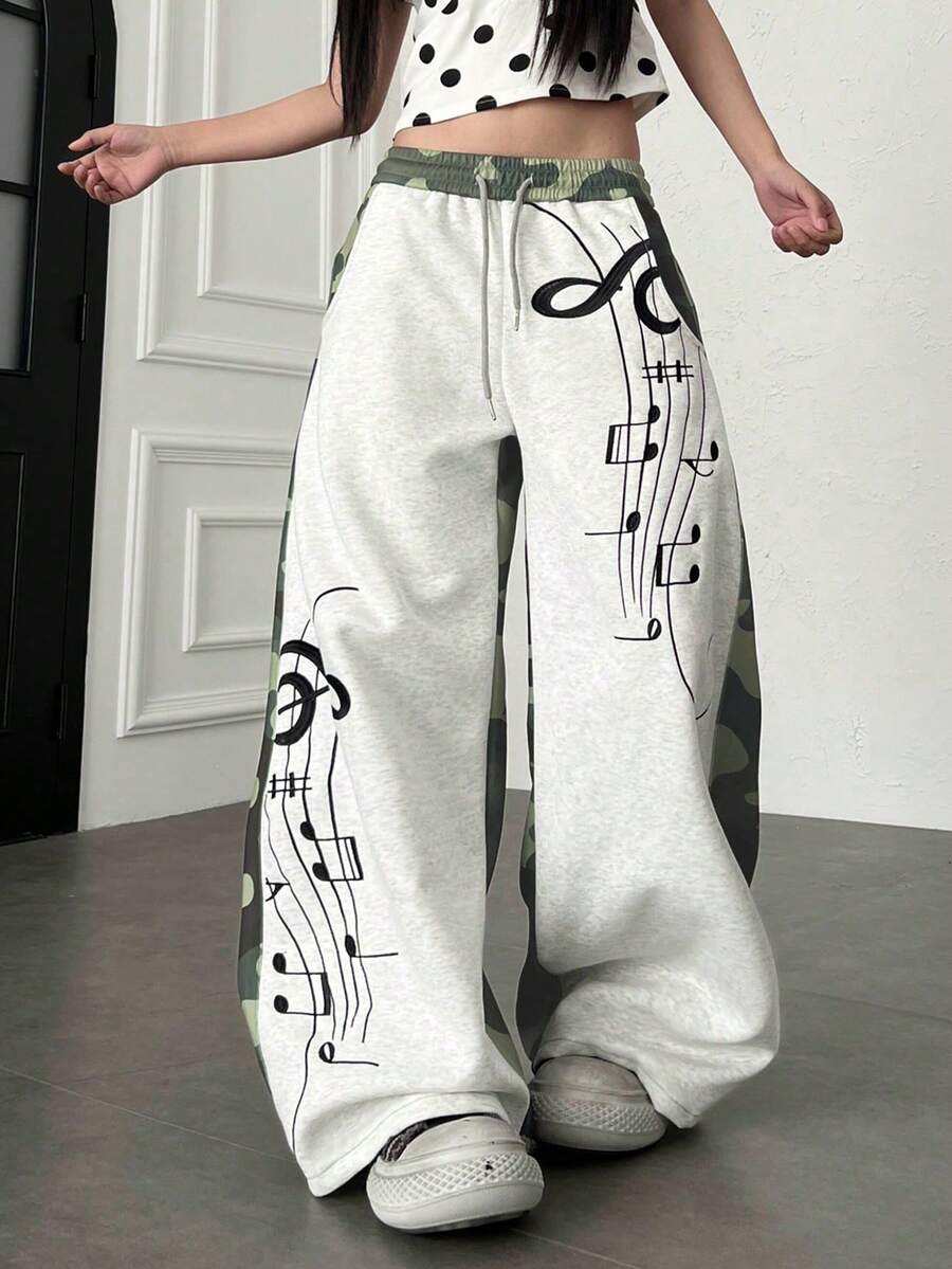 Celana Kasual Bordir Not Musik Motif Kamuflase Patchwork (Kamuflase Acak) - warna kamuflase - View 1